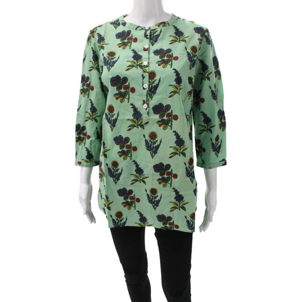 Madison Mathews Womens Tunic Blouse Green Floral Henley 3/4 Sleeve Size S